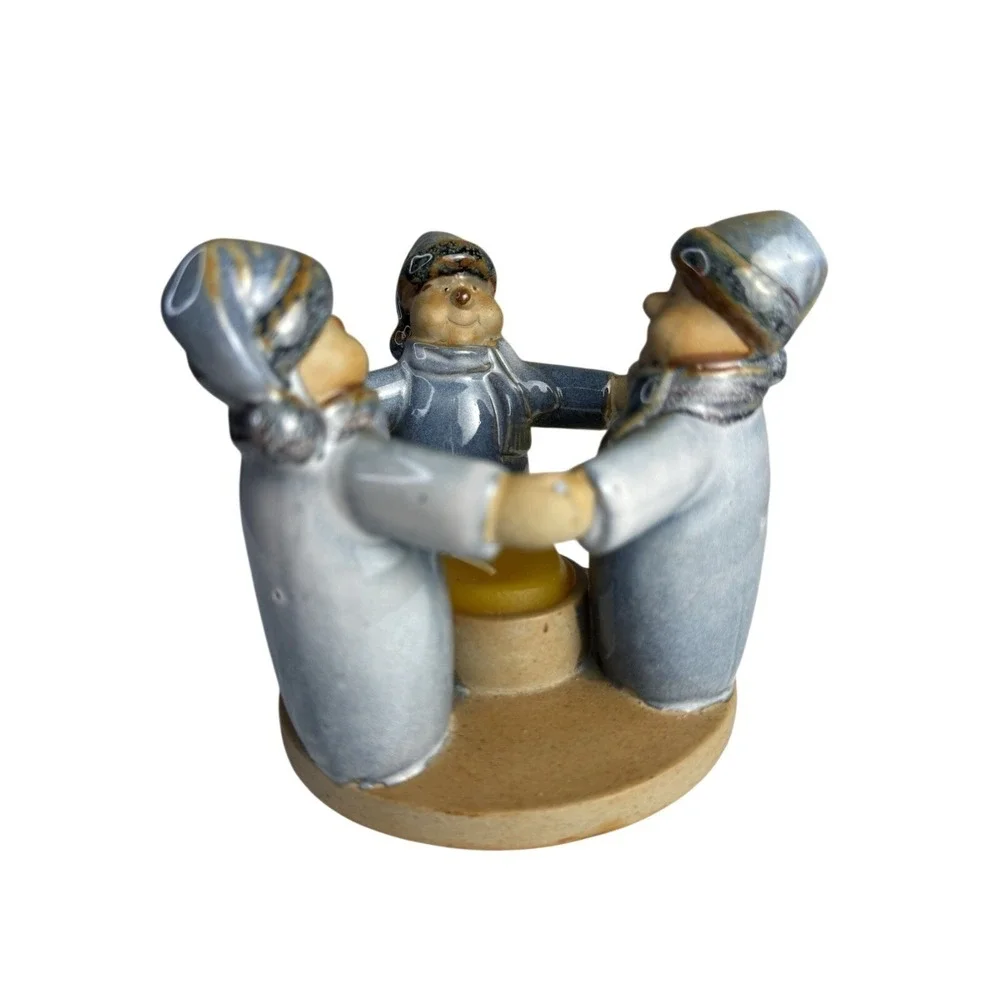 Vintage Ring Of 3 Sleepy Snowmen Holding Hands Christmas Candle Glazed Stoneware